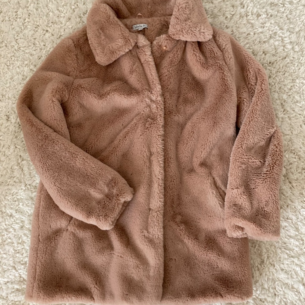 Ophelia Roe teddy coat faux fur jacket S Pink Salmon